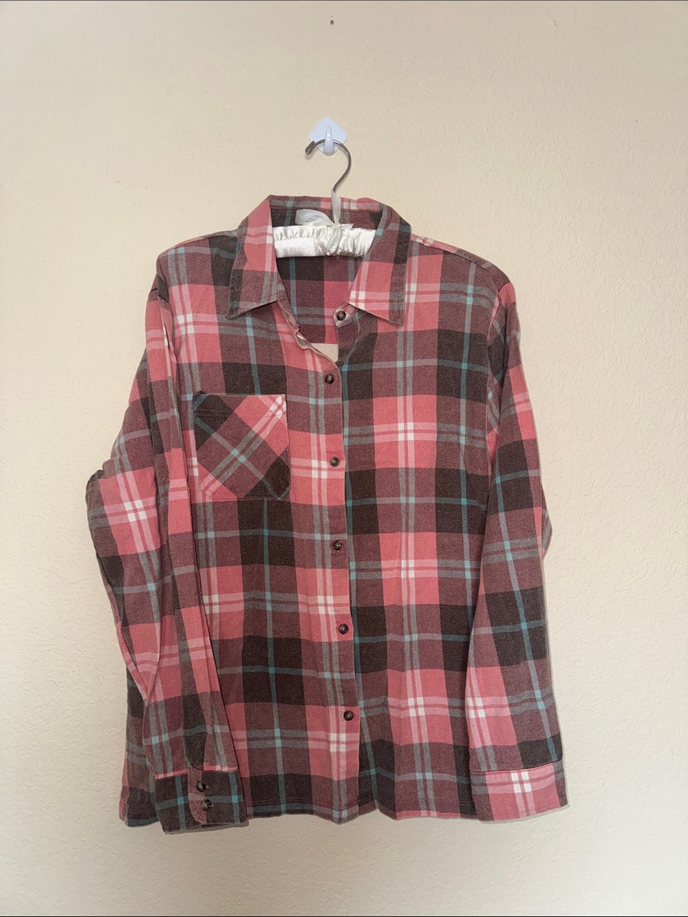 Altar'd State Pink and Brown Plaid Flannel with Howdy print